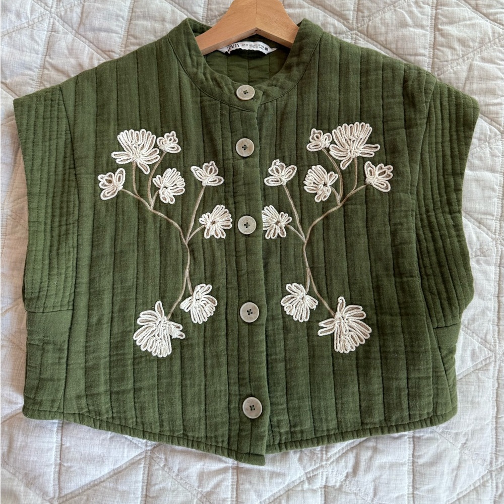 Zara Olive Green Quilted Floral Embroidered Button Vest